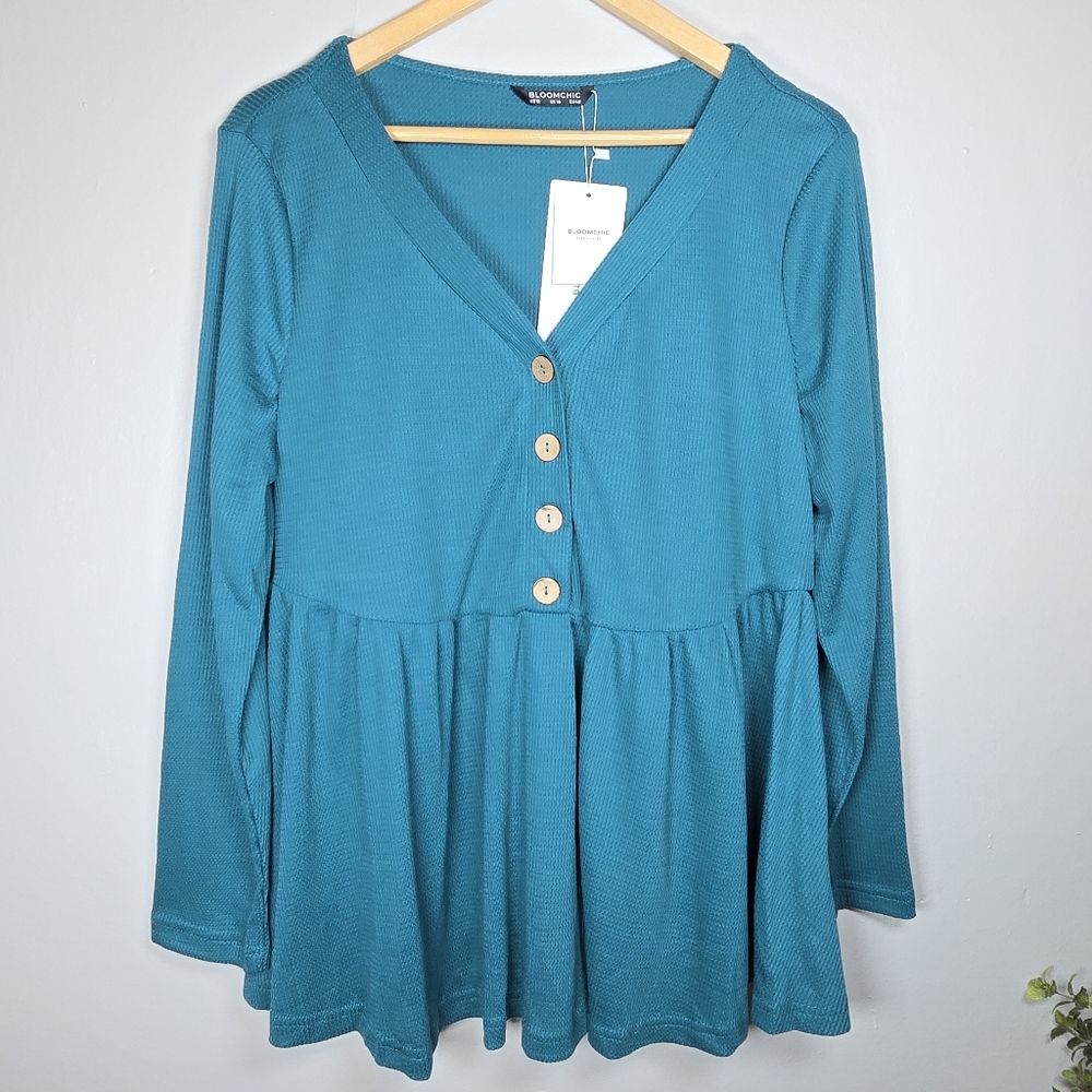 BloomChic Teal Button-Front Peplum V-Neck Babydoll Top Waffle Knit 12 Large